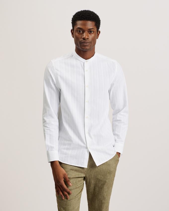 Chemises Ted Baker Textured Stripe Grandad Collar Blanche Homme | SDF-10259252